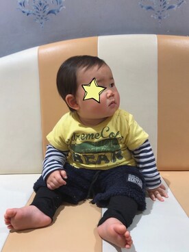 「BREEZE（ブリーズ）のアイテム（Tシャツ/カットソー、イエロー系）」を使った、ゆっきさん（キッズ・70cm）の秋コーディネート