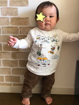 「no brand（ノーブランド）のアイテム（パンツ、ブラウン系）」を使った、ゆっきさん（キッズ・70cm）の秋コーディネート