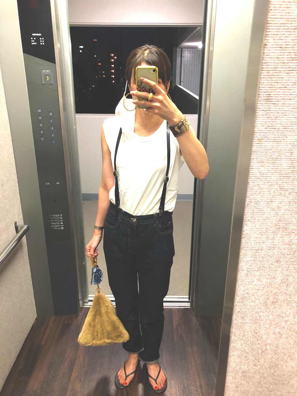 「カジュアルコーデ、高身長女子、サスペンダー、ビーサン、TKEES、GOLDEN GOOSE」｜「Jonnlynxのアイテム（その他パンツ、ブラック系）」を使った、hiromin☆さん（レディース・170cm）の夏コーディネートの1枚目の写真