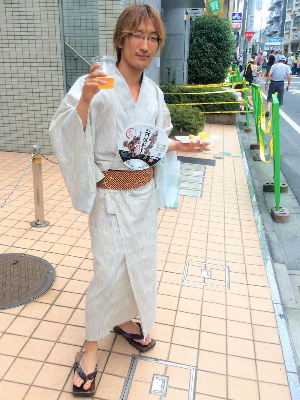 「浴衣、夏コーデ、茶髪」｜「？のアイテム（水着/着物・浴衣、ホワイト系）」を使った、synthetichappinessさん（メンズ・165cm）の冬コーディネートの1枚目の写真