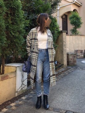「UNIQLO（ユニクロ）のリブハイネックT（長袖）（Tシャツ/カットソー、ホワイト系）」を使った、seriiinaさん（レディース・158cm）の冬コーディネート