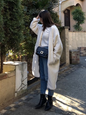 「ZOZO（ゾゾ）のスリムテーパードデニムパンツ［WOMEN］（デニムパンツ）」を使った、seriiinaさん（レディース・158cm）の冬コーディネート