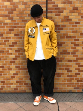 「アイテム（ミリタリージャケット、イエロー系）」を使った、わたるさん（メンズ・173cm）の冬コーディネート