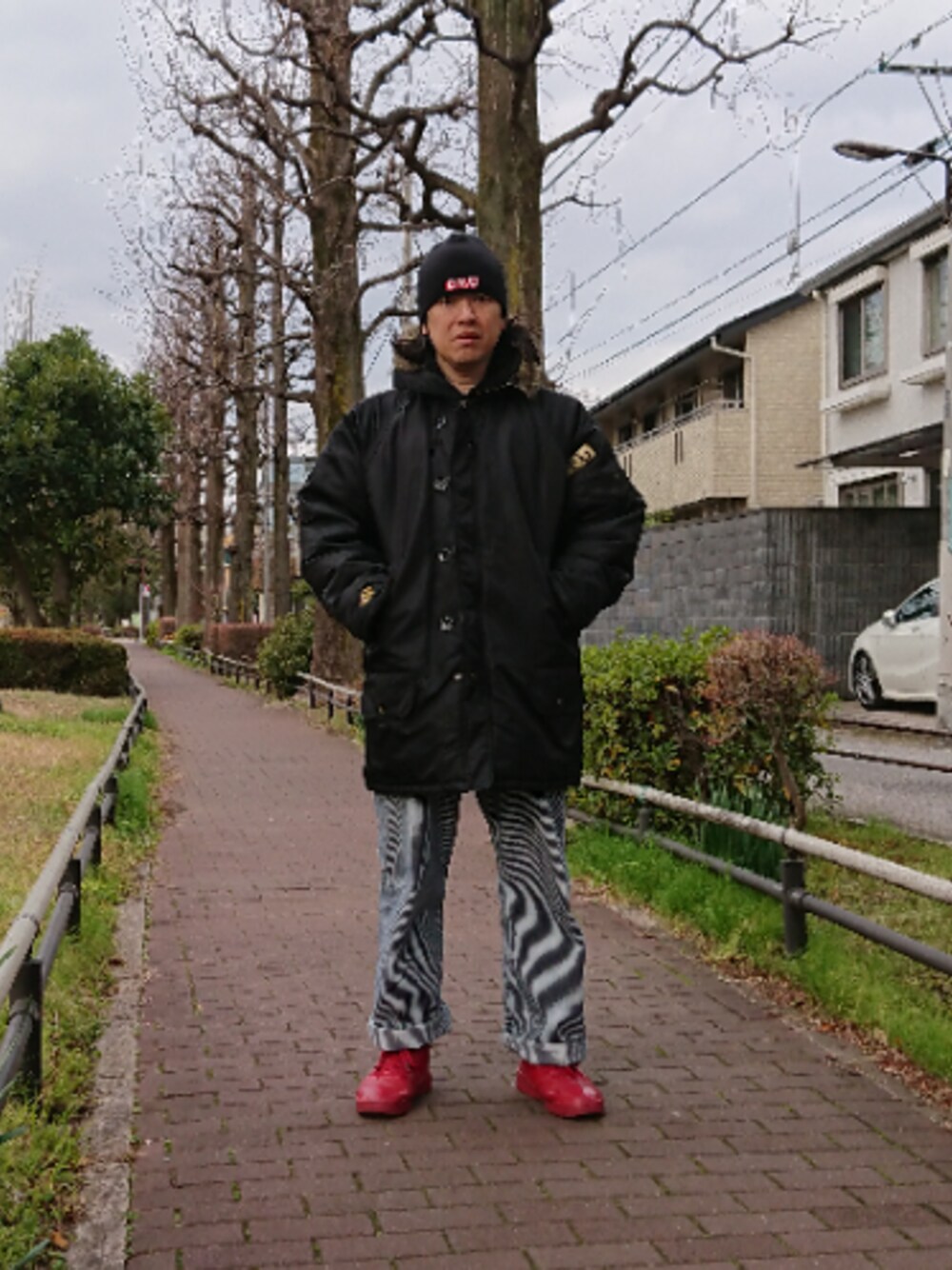 「闘魂ショップ、新日本プロレス、OSHKOSH、Timberland、N3B、ctu」｜「闘魂ショップのアイテム（ミリタリージャケット、ブラック系）」を使った、bbkbaseさん（メンズ・172cm）の冬コーディネートの1枚目の写真