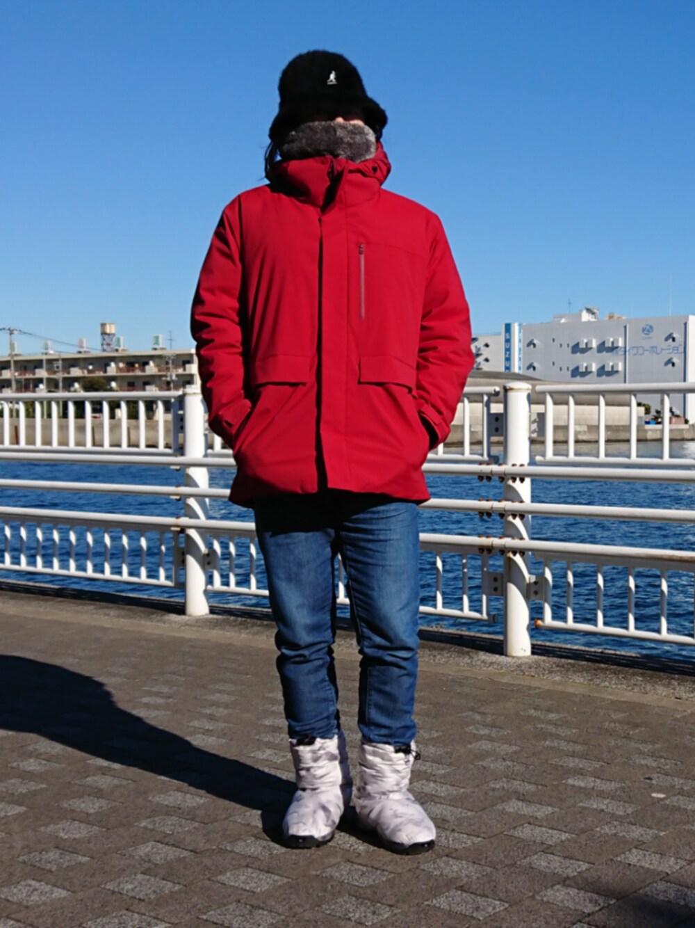 「KANGOL、UNIQLO、ユニクロ、ワークマン、FieldCore、ハイブリッドダウンパーカ、三井アウトレット横浜ベイサイド、ストレッチデニム」｜「KANGOLのWEGO/KANGOL Furgora Casual（ハット、ブラック系）」を使った、bbkbaseさん（メンズ・172cm）の冬コーディネートの1枚目の写真