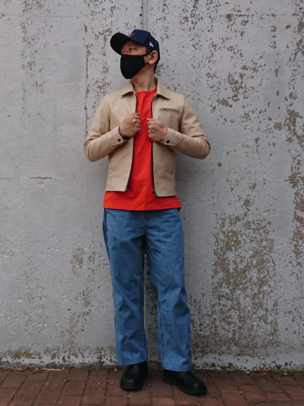 「AVIREX、アヴィレックス(AVIREX)、UNIQLO、UNIQLO JW ANDERSON、regal、NEWERA、レザージャケット、春コーデ、はるコーデ、デニムキャップ」｜「NEW ERAの【NEW ERA】[別注]NE 940 DF BLK PATCH（キャップ、ブルー系）」を使った、bbkbaseさん（メンズ・172cm）の春コーディネートの1枚目の写真