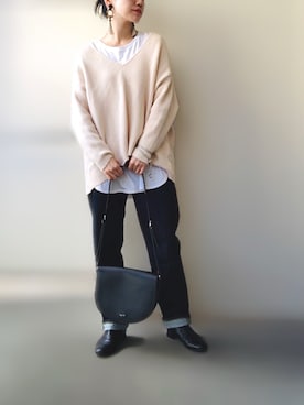 「BASEMENT online（ベースメントオンライン）のアイテム（ニット/セーター）」を使った、希々さん（レディース・157cm）の秋コーディネート