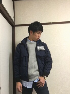 「AVIREX（アヴィレックス）のアイテム（その他アウター、ブルー系）」を使った、Takumiさん（メンズ・175cm）の春コーディネート