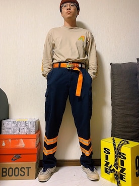 「アイテム（チノパンツ、オレンジ系）」を使った、shyrevengeさん（メンズ・172cm）の春コーディネート