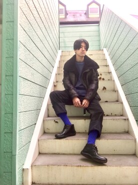 「ドラフトリーバイス」｜「アイテム（ライダースジャケット）」を使った、RYONCHYさん（メンズ・169cm）の冬コーディネート
