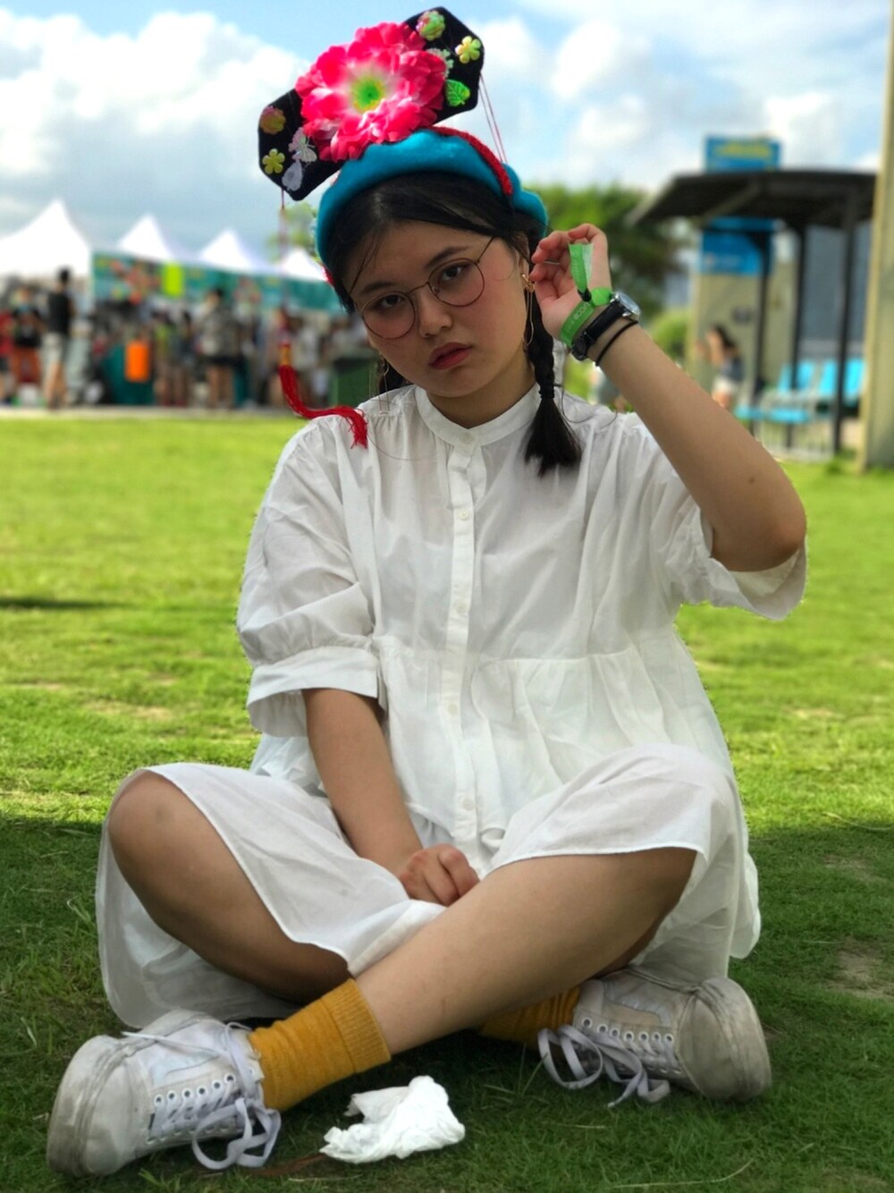 「outdoor、summer、summer style、summer outfit、ラフ、picnic」｜「VINTAGEのアイテム（ハンチング/ベレー帽、ブルー系）」を使った、ttrubyさん（レディース・165cm）の秋コーディネートの1枚目の写真