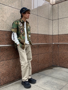 「AVIREX（アヴィレックス）のリバーシブルハット/reversible hat（ハット、ブルー系）」を使った、だいちさん（メンズ・172cm）の春コーディネート