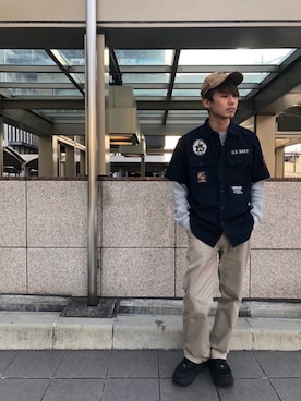 「AVIREX（アヴィレックス）のサブマリン パッチド ミリタリーシャツ/S/S SUBMARINES PATCHED MILITARY SHIRT（シャツ/ブラウス、ブルー系）」を使った、だいちさん（メンズ・172cm）の春コーディネート