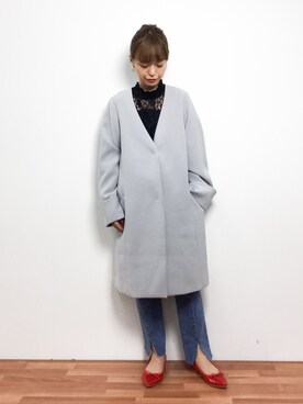 「ガウンコート」｜「アイテム（ノーカラージャケット）」を使った、saya☺︎さん（レディース・149cm）の冬コーディネート