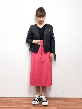「one after another NICE CLAUP（ワンアフターアナザーナイスクラップ）のアイテム（ライダースジャケット）」を使った、saya☺︎さん（レディース・149cm）の冬コーディネート