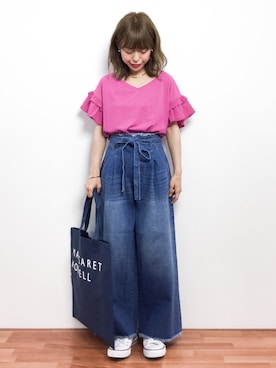 「PAGEBOY（ページボーイ）のトモリボン付きデニムワイドパンツ（デニムパンツ）」を使った、saya☺︎さん（レディース・149cm）の春コーディネート