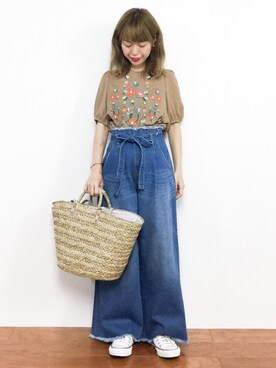 「PAGEBOY（ページボーイ）のトモリボン付きデニムワイドパンツ（デニムパンツ）」を使った、saya☺︎さん（レディース・149cm）の夏コーディネート