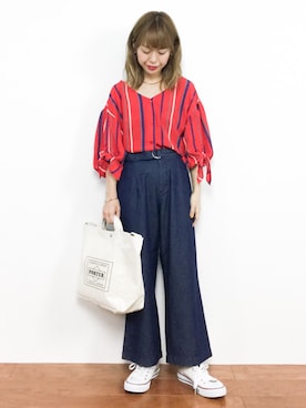 「PAGEBOY（ページボーイ）のストライプ袖リボンブラウス（シャツ/ブラウス）」を使った、saya☺︎さん（レディース・149cm）の夏コーディネート