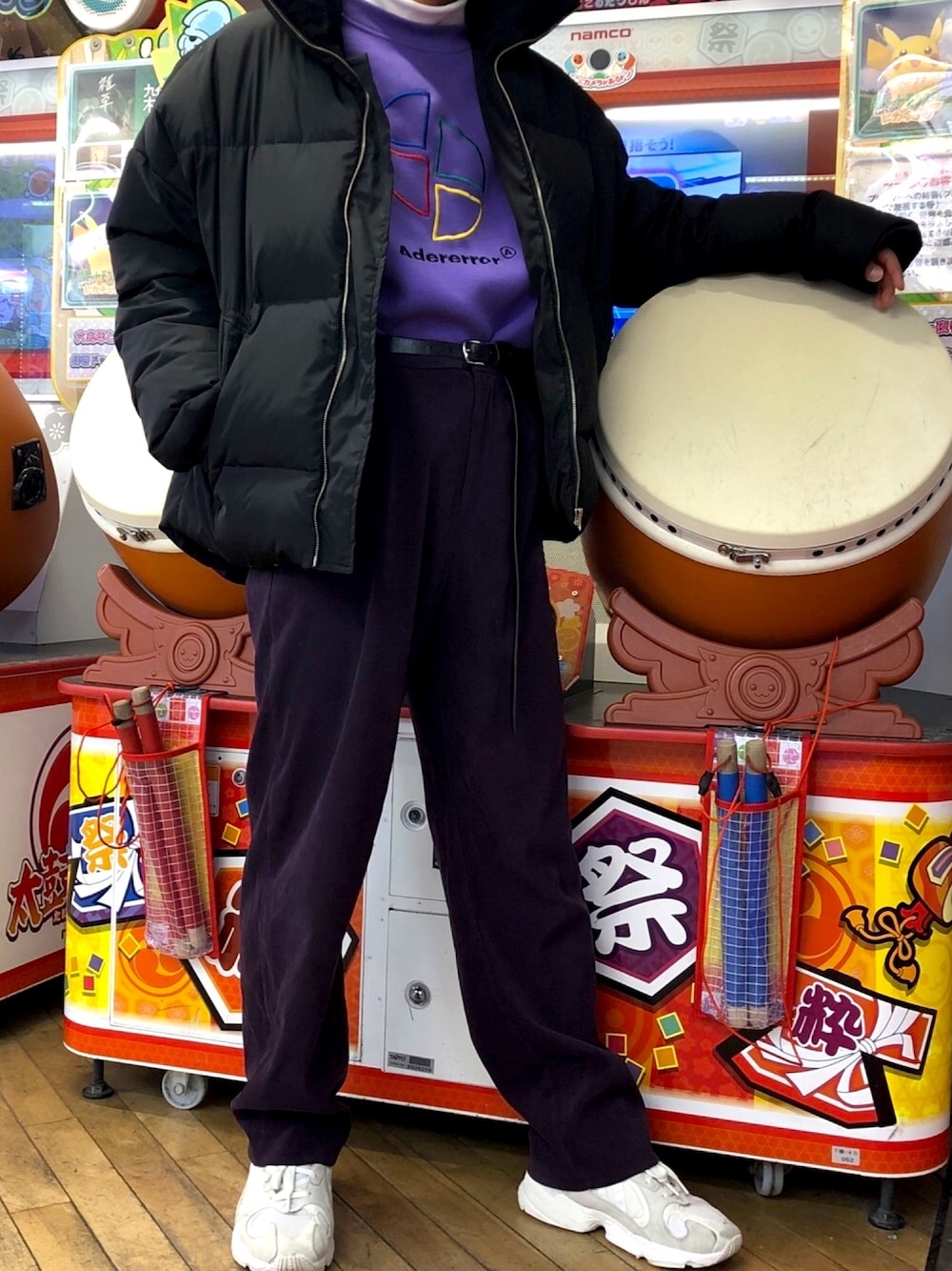 「古着、大学生、カジュアルコーデ、韓国ファッション、お洒落さんとつながりたい、古着好きな人と繋がりたい」｜「usedのアイテム（その他パンツ、パープル系）」を使った、アテムさん（メンズ・170cm）の冬コーディネートの1枚目の写真