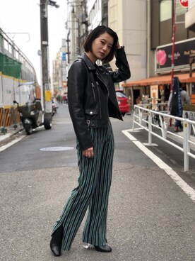 「アイテム（ライダースジャケット）」を使った、YUKI さん（レディース・162cm・20代）の春コーディネート