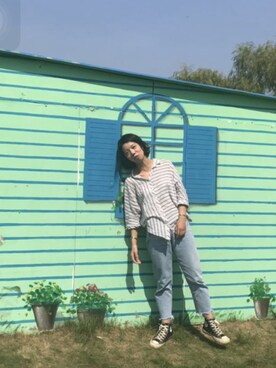 「CONVERSE（コンバース）のアイテム（スニーカー、ブラック系）」を使った、sako9さん（レディース・165cm）の秋コーディネート