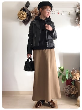 「ADAM ET ROPE'（アダムエロペ）のアイテム（ライダースジャケット）」を使った、tomoさん（レディース・153cm）の冬コーディネート