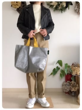 「ADAM ET ROPE'（アダムエロペ）のアイテム（ライダースジャケット）」を使った、tomoさん（レディース・153cm）の冬コーディネート