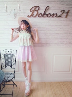 「ギンガムチェックスカート」｜「アイテム（スカート、ピンク系）」を使った、Bobon21さん（レディース・155cm）の春コーディネート