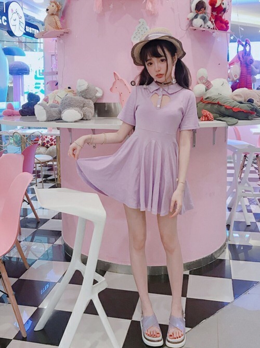「ワンピース、パープル、ハート、夏コーデ、スタイルアップ、ワンピーススタイル、Bobon21、ボボンニジュウイチ」｜「Bobon21のハートくり抜きドーリーワンピース-全４色-（ワンピース、パープル系）」を使った、Bobon21さん（レディース・155cm）の夏コーディネートの1枚目の写真
