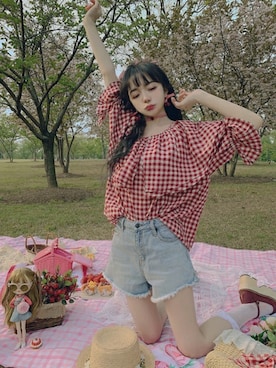 「ギンガムチェックシャツ」｜Bobon21さん（レディース・155cm）の春コーディネート