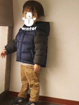 「西松屋（ニシマツヤ）のアイテム（パンツ、ベージュ系）」を使った、noyuさん（レディース・158cm）の冬コーディネート
