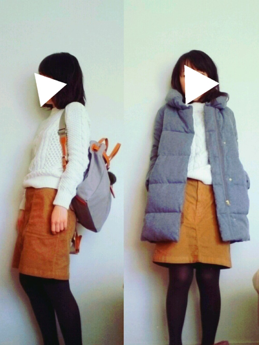 グレー系のダウンジャケット/コート、ホワイト系のニット/セーター、イエロー系のスカートを着用したレディースの冬コーディネートの1枚目の写真