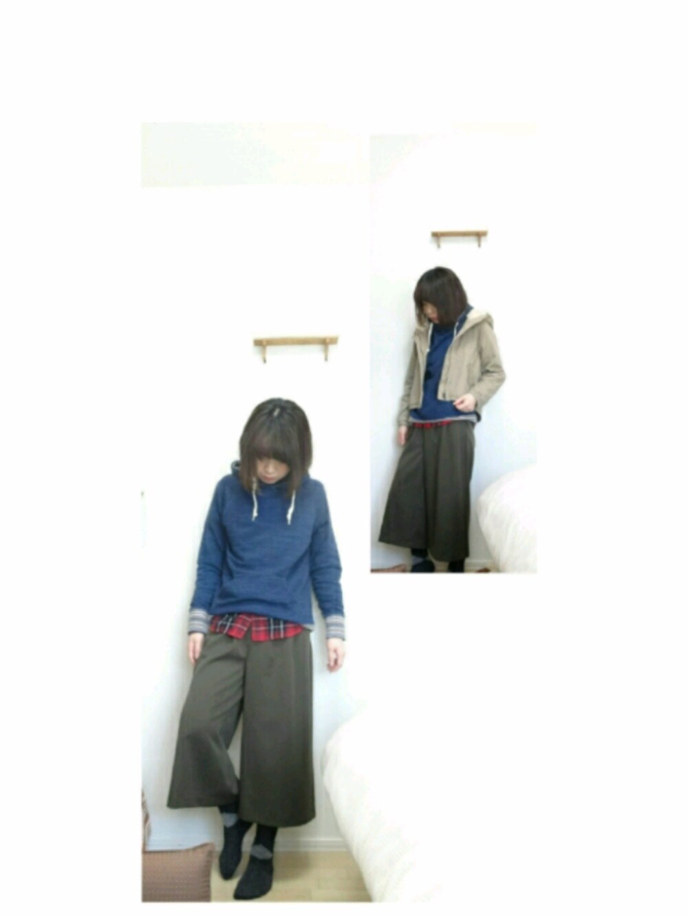 「パーカー、ガウチョパンツ、カーキ、ブルー」｜「INGNIのアイテム（その他パンツ、グリーン系）」を使った、ゆんさん（レディース・160cm）の冬コーディネートの1枚目の写真