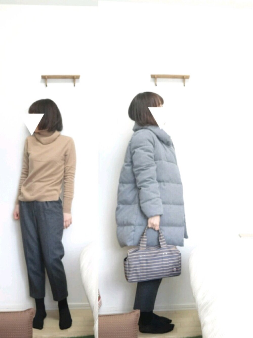 「大人カジュアル、さむい、カシミヤニット、テーパードパンツ、ダウンジャケット、ダウンコート」｜「Right-onのアイテム（ダウンジャケット/コート、グレー系）」を使った、ゆんさん（レディース・160cm）の冬コーディネートの1枚目の写真