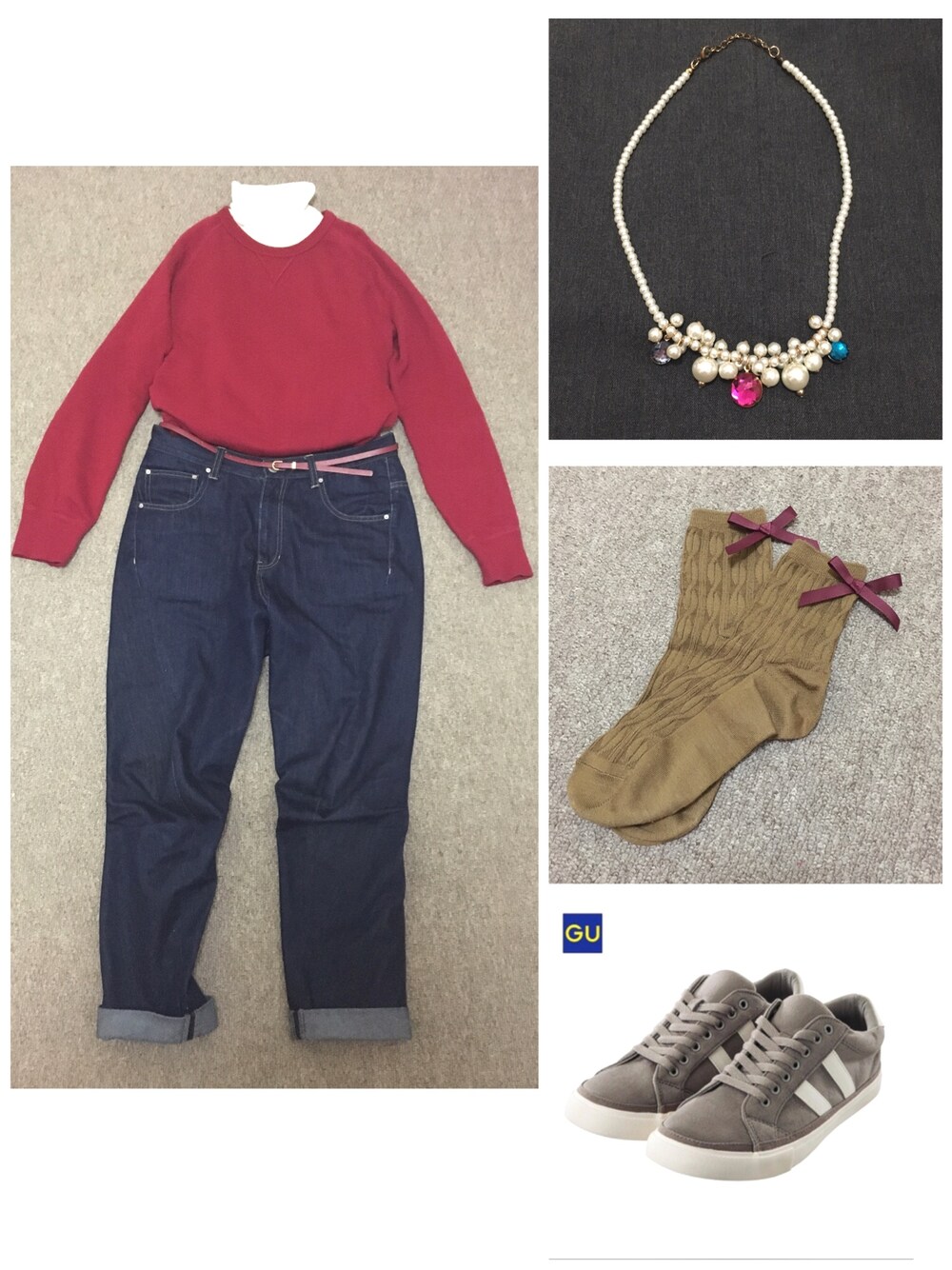 「デニム、サルエルパンツ、スウェット、UNIQLO、ユニクロ、GU、ジーユー、スニーカー、くつした×スニーカー」｜「Honeysのアイテム（その他パンツ、ブルー系）」を使った、saki✌︎さん（レディース・167cm）の冬コーディネートの1枚目の写真