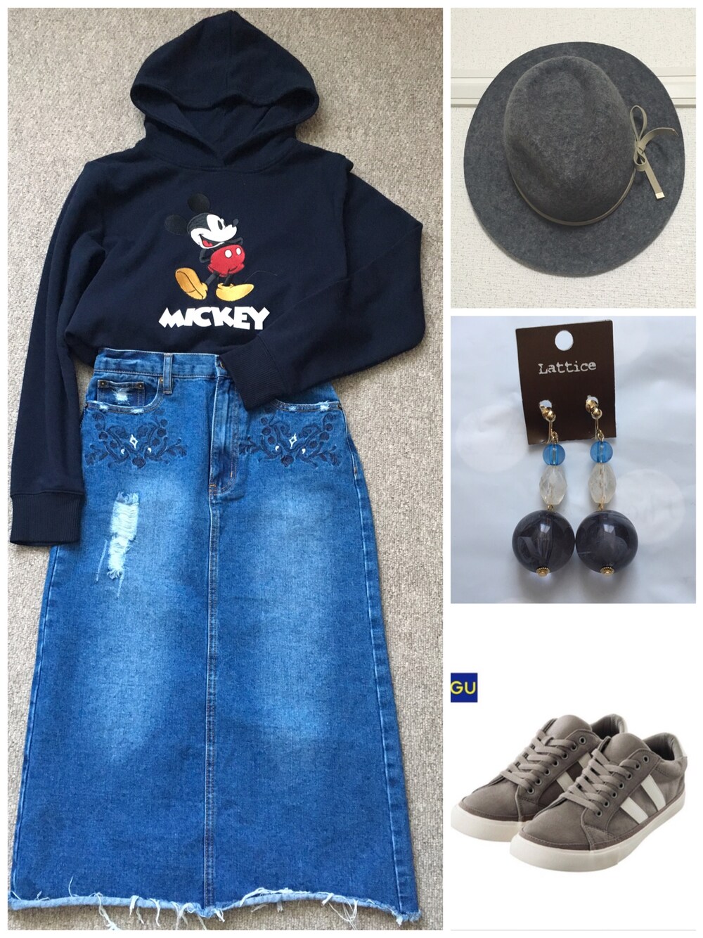 「カジュアル、プチプラコーデ、しまむら、GU、Lattice、デニムスカート、イヤリング、スニーカー、ハット」｜「しまむらのアイテム（デニムスカート、ブルー系）」を使った、saki✌︎さん（レディース・167cm）の冬コーディネートの1枚目の写真