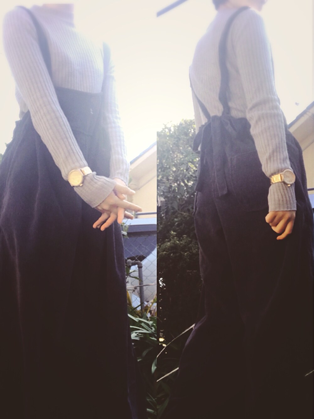 グレー系のサロペット/オーバーオール、ゴールド系のアナログ腕時計を着用したレディースの秋コーディネートの1枚目の写真