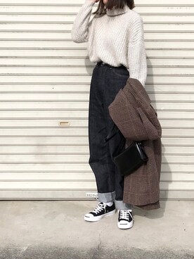「ハイウエストパンツ」｜「アイテム（チェスターコート）」を使った、たろ☺︎さん（レディース・165cm）の冬コーディネート