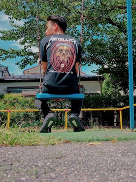 「METALLICA（メタリカ）の∴WEGO/METALLICA BIG Tシャツ（Tシャツ/カットソー、ブラック系）」を使った、あすらんさん（メンズ・163cm）の夏コーディネート