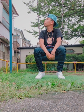 「Supreme （シュプリーム）のアイテム（キャップ、ブルー系）」を使った、あすらんさん（メンズ・163cm）の夏コーディネート