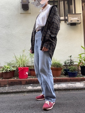 「古着のアイテム（ポロシャツ、ホワイト系）」を使った、meiさん（レディース・162cm）の秋コーディネート