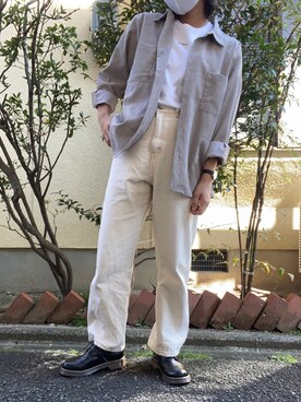 「kutir（クティール）のコーデュロイシャツ（シャツ/ブラウス、ベージュ系）」を使った、meiさん（レディース・162cm）の秋コーディネート