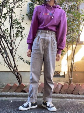 「MOUSSY（マウジー）のOS THE CREW HALF ZIP パーカー（パーカー、パープル系）」を使った、meiさん（レディース・162cm）の秋コーディネート