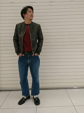 「ADAM ET ROPE'（アダムエロペ）のアイテム（ライダースジャケット）」を使った、三浦準矢さん（メンズ・166cm）の冬コーディネート