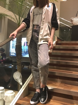 「リバーシブル」｜「アイテム（スタジャン）」を使った、まきまきさん（レディース・168cm）の春コーディネート