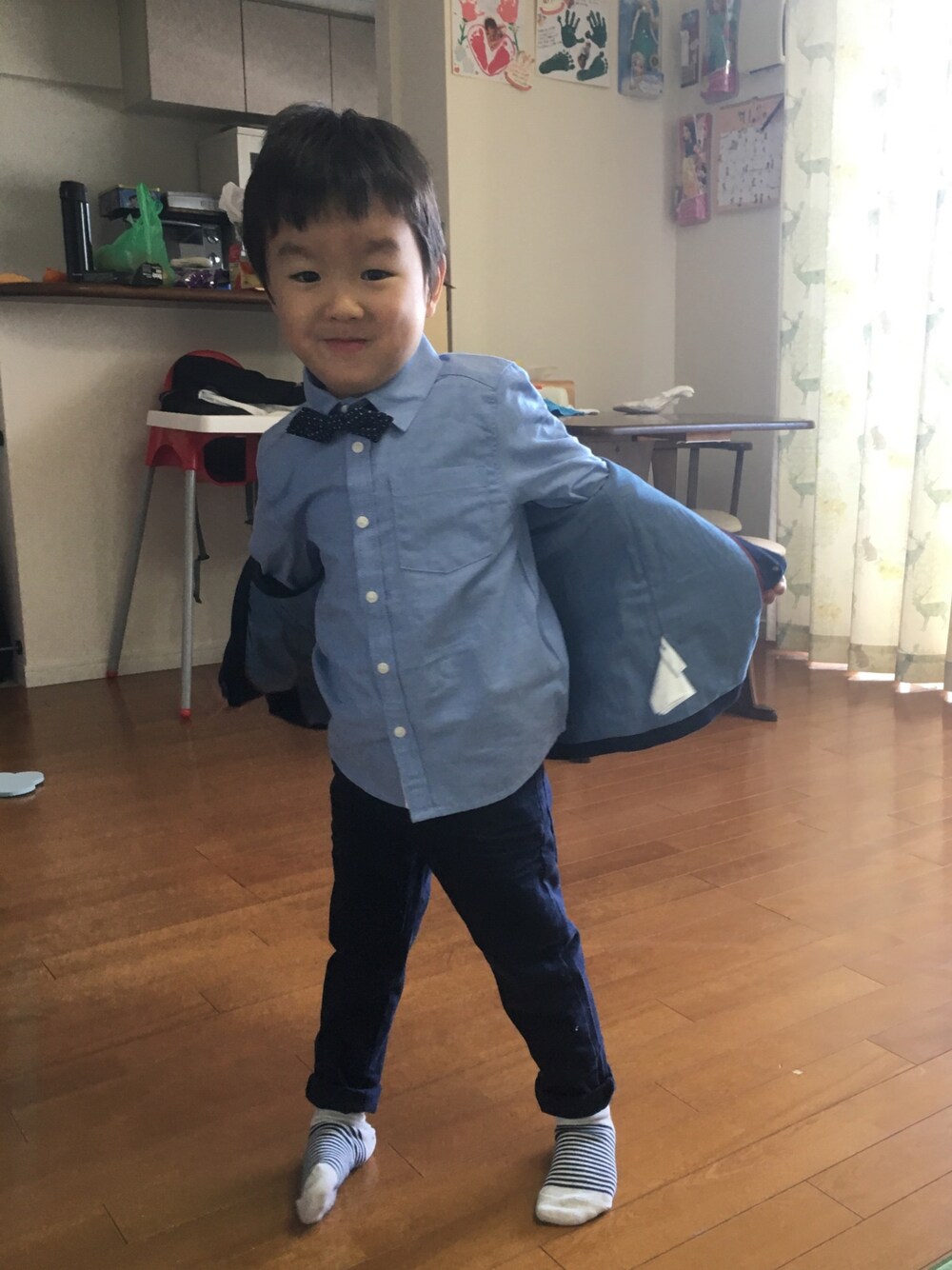「幼稚園面接、齋藤さんだぞ、おちゃらけ息子、全くじっとしない」｜「H&Mのアイテム（シャツ/ブラウス、ブルー系）」を使った、ma---yuさん（キッズ・100cm）の冬コーディネートの1枚目の写真