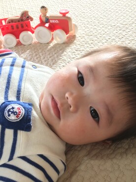 「西松屋（ニシマツヤ）のアイテム（ロンパース、ブルー系）」を使った、@139さん（キッズ・80cm）の秋コーディネート