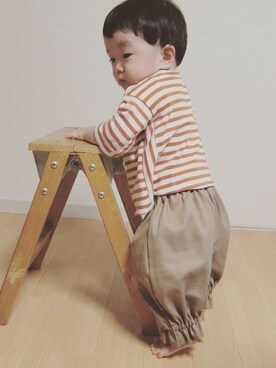 「Handmade（ハンドメイド）のアイテム（Tシャツ/カットソー、オレンジ系）」を使った、@139さん（キッズ・80cm）の秋コーディネート