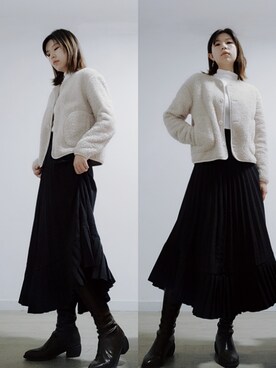 「日系极简」｜「アイテム（ノーカラージャケット）」を使った、Akiko.chenさん（レディース・165cm）の冬コーディネート