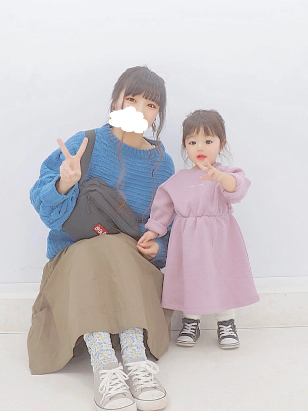 「ママと娘、親子コーデ、プリクラ」｜「Birthdayのアイテム（ワンピース/ドレス、パープル系）」を使った、mamaのおもちゃ箱さん（レディース・152cm）の春コーディネートの1枚目の写真